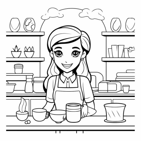 Girl cooking in the kitchen. black and white vector illustration