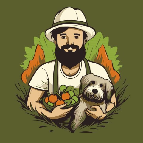 Farmer with a dog and vegetables in his hands. Vector illustrati