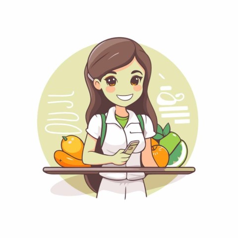 Female nutritionist holding tray with fruits and vegetables. Vec