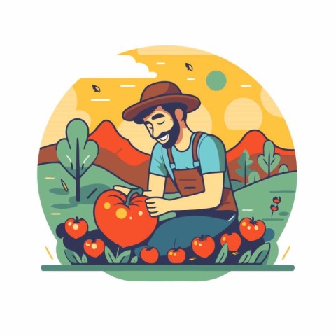 Farmer harvesting apples in the garden. Flat style vector illust