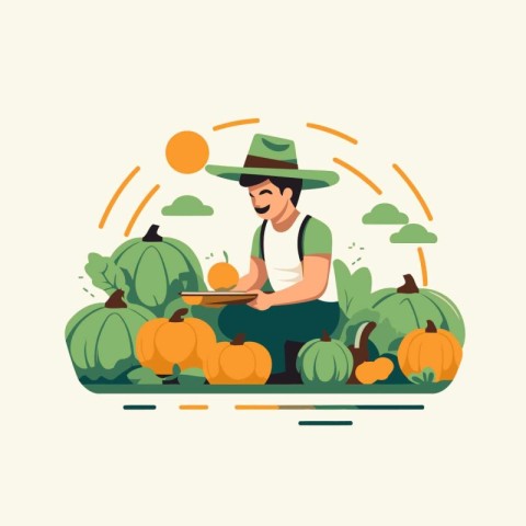 Farmer with pumpkin harvest. Vector illustration in flat cartoon