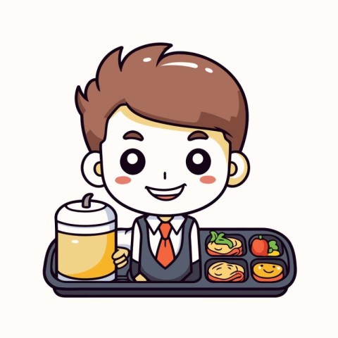 Businessman eating at lunch box. Vector illustration of cartoon