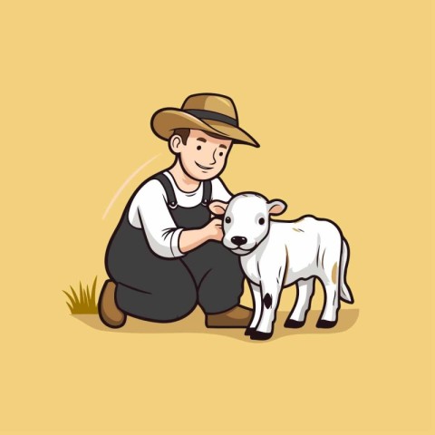 Illustration of a farmer and his little lamb on a yellow backgro