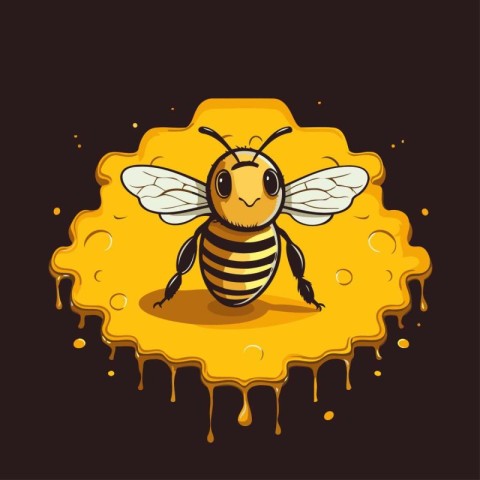 Bee on honey. Vector illustration. Isolated on black background.