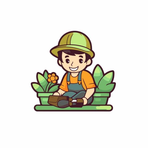 Cartoon farmer with shovel and plant in pot. Vector illustration