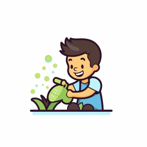 Cute little boy watering plants in the garden. Vector illustrati