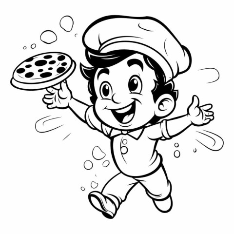 Illustration of a Kid Boy Dressed as a Chef Holding a Pizza Slic