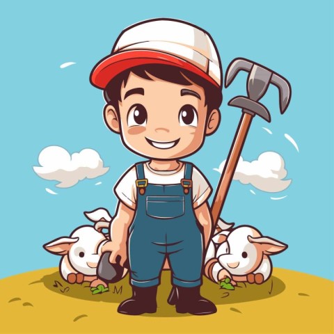 Cute cartoon farmer with sheep. Vector illustration of a farm wo