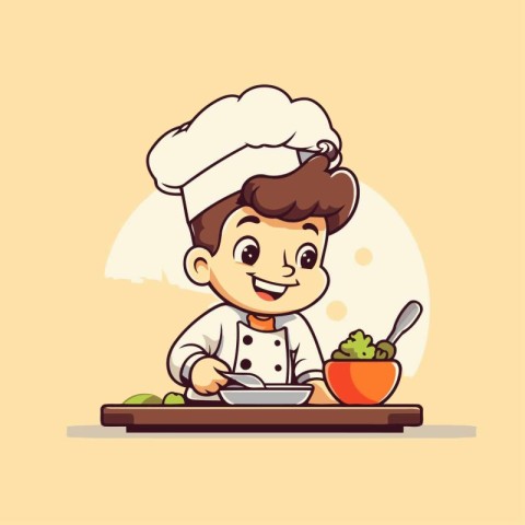 Chef boy serving food cartoon vector illustration. Cute cartoon