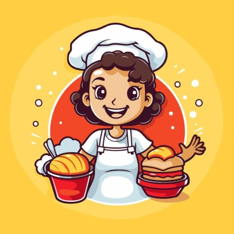 Cute little girl chef in uniform and hat. Vector illustration.