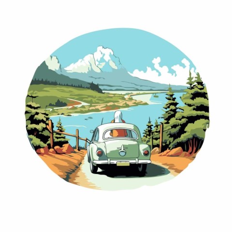 Vintage retro car on the road in the mountains. Vector illustrat