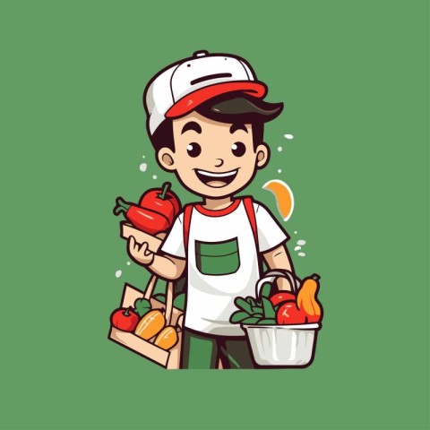 Courier with fresh vegetables. Vector illustration in cartoon st