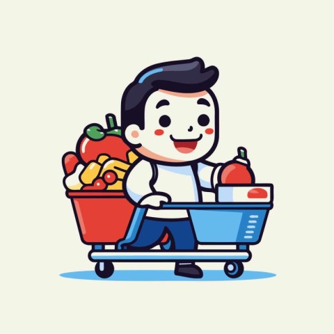 Cartoon man with shopping cart full of fresh vegetables. Vector