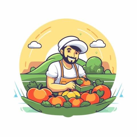 Harvesting vegetables. Farmer in a hat and apron. Vector illustr