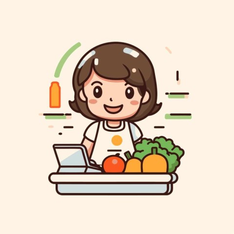 Cute little girl using laptop for healthy food. Vector illustrat