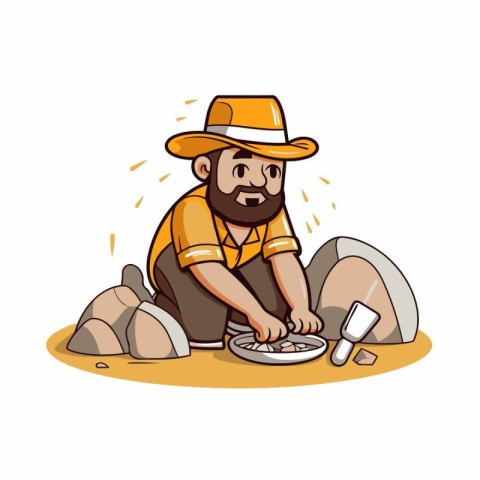 Cartoon farmer with a shovel and pebble. Vector illustration