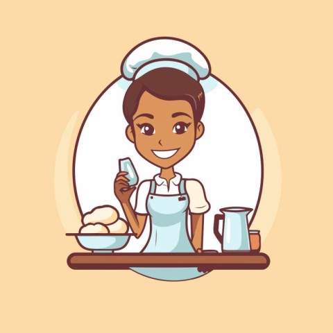 Chef woman with spoon and bowl. Vector flat cartoon illustration