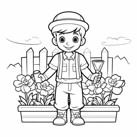 Coloring Page Outline Of a Garden Boy with Shovel and Flowers