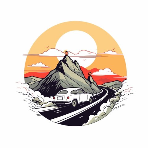 Mountain landscape with road and car. Vector illustration in ret