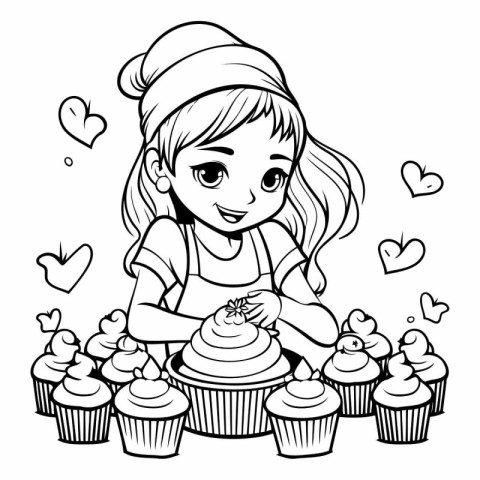 Black and White Cartoon Illustration of Little Girl with Cupcake