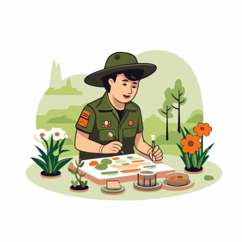 Vector illustration of a man in a safari hat paints a picture.