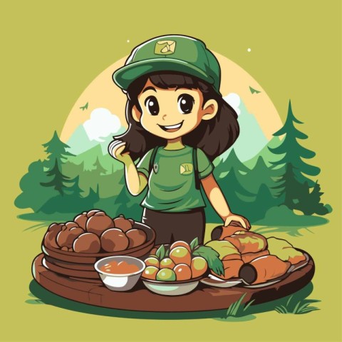 Cute girl having picnic in the forest. Vector cartoon illustrati