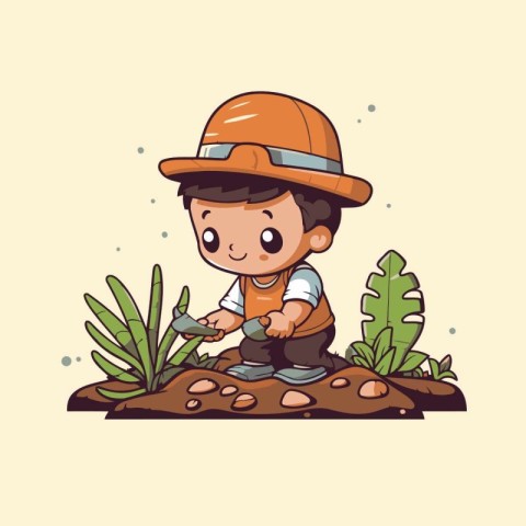 Cute little boy working in the garden. cartoon vector illustrati