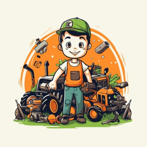 Cartoon gardener with lawnmower and tractor. Vector illustration