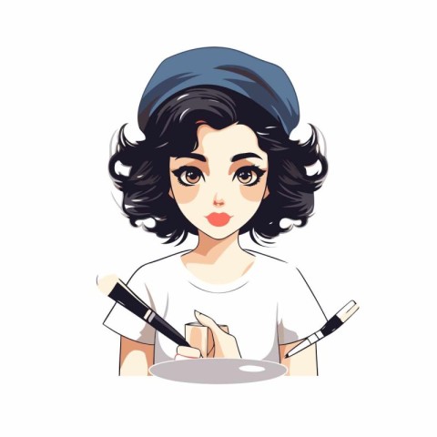 Beautiful young woman in a beret with a plate of food. Vector il