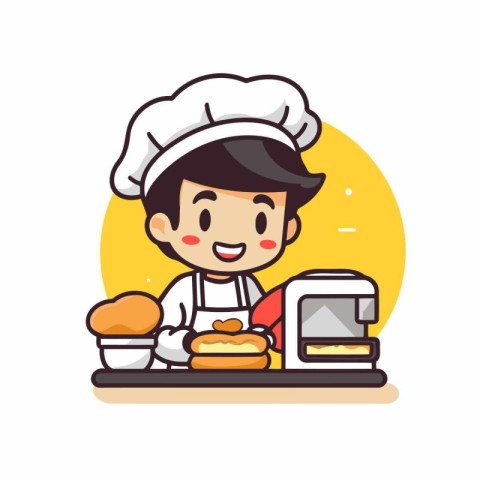 Cute chef boy with bread and toaster. Vector illustration.