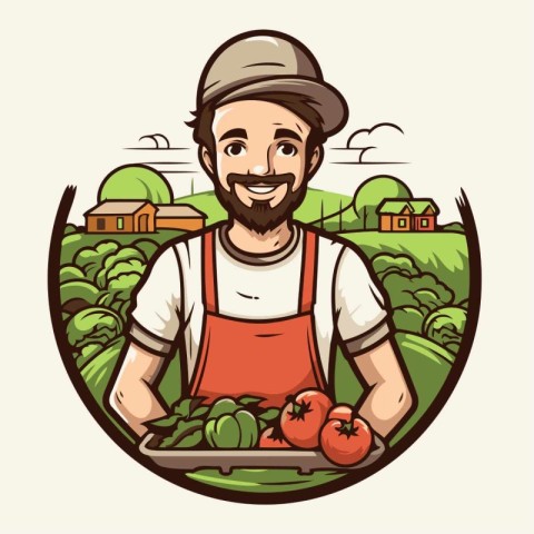 Farmer with vegetables on the farm. Vector illustration in carto