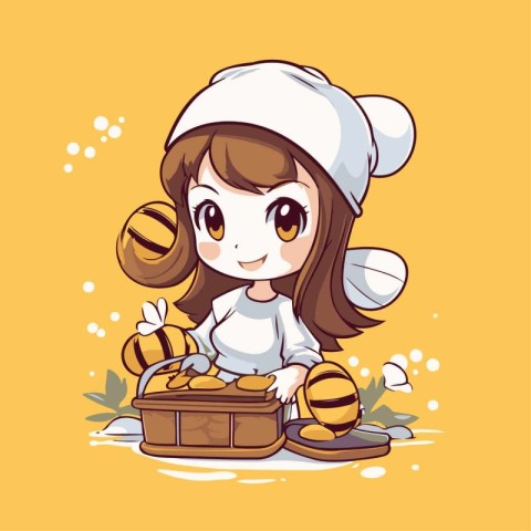 Cute little girl with a basket of honey. Vector illustration.