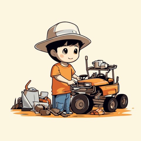 Little boy in a hat with a toy tractor. Vector illustration.