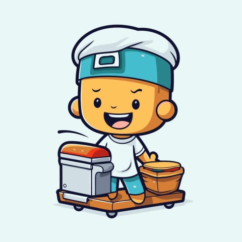 Cute Cartoon Chef with food cart isolated on blue background - V