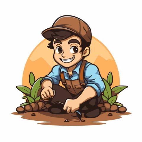 Cute boy planting seeds in the ground. Vector cartoon illustrati