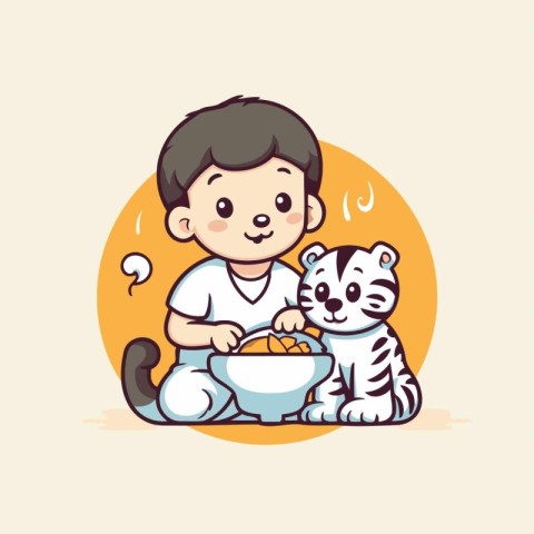 Cute little boy playing with cat and eating food. Vector illustr