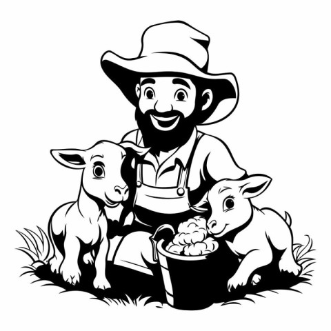 farmer with farm animals. black and white vector illustration gr