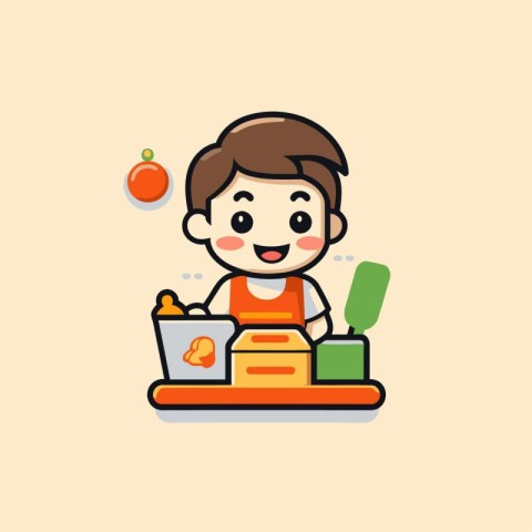 Cute boy cooking in the kitchen. Vector illustration in cartoon