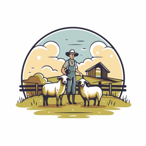 Farmer with sheep. Vector illustration in flat style on white ba