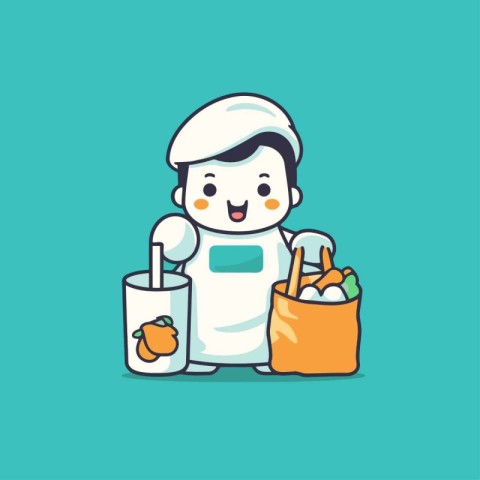 Cute boy with shopping bag and healthy food. Vector illustration