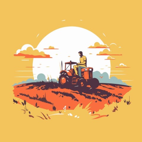 Farmer driving tractor on wheat field. Vector illustration in fl