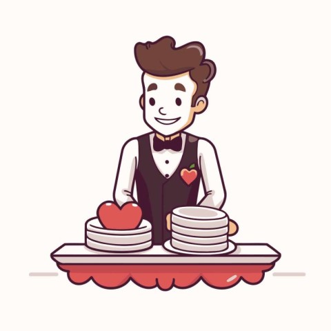 Illustration of a cute waiter serving a cake with a heart.