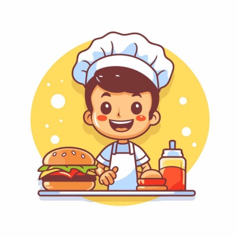 Cartoon chef boy with hamburger and sauce. Vector illustration.