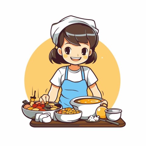 Vector illustration of a little girl in a chef's hat cooking sou