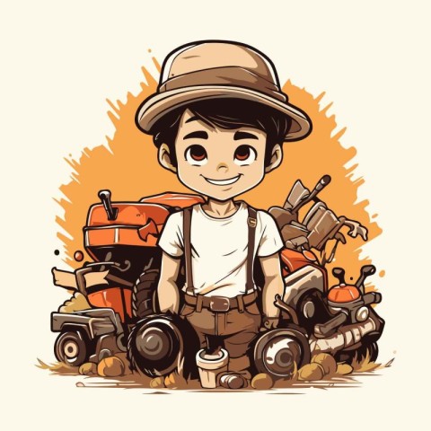 Cute boy in safari hat with tractor. Vector illustration.