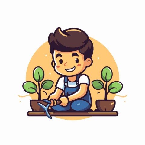 Cute little boy working in the garden. Vector flat illustration.