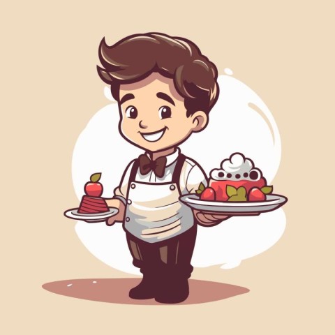 Waiter with a tray of food. Vector illustration in cartoon style