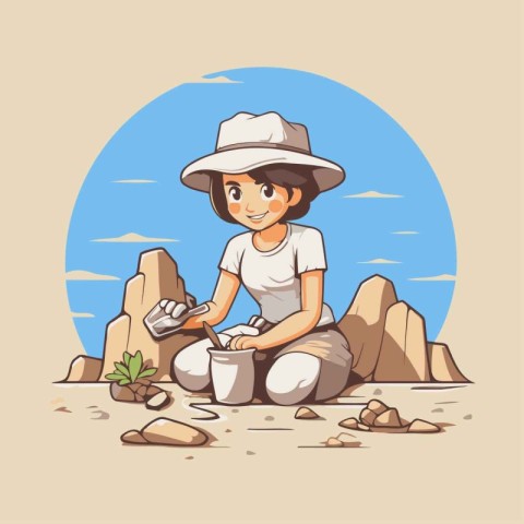 Boy working on the beach. Vector illustration of a boy in a hat