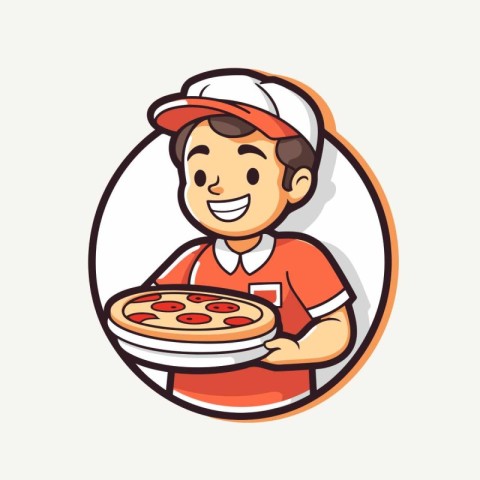 Pizza delivery boy cartoon character. Vector illustration in fla