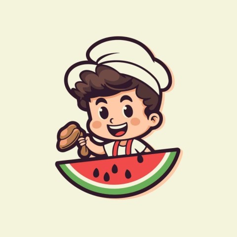 Cute little chef boy with a slice of watermelon. Vector illustra